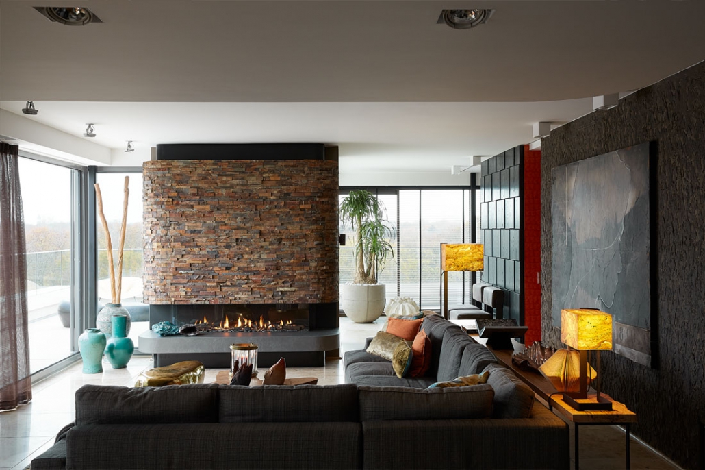 PANORAMIC PENTHOUSE The Hague living room fire place - architect Osiris Hertman